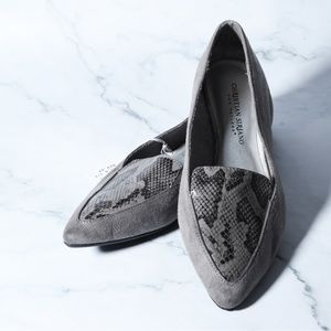 Suede and snakeskin skimmer pointy flats